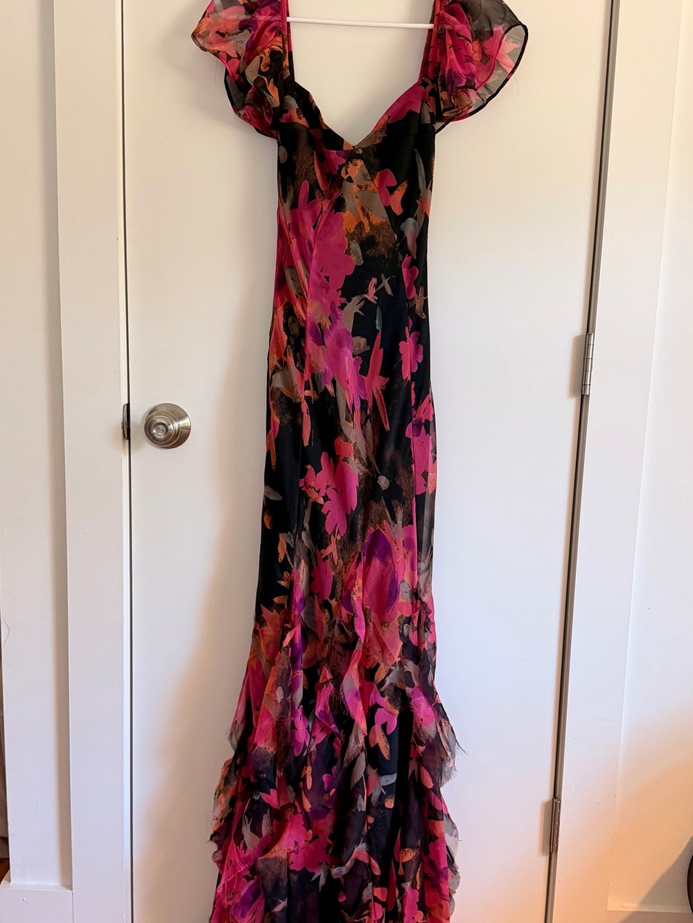 ASOS NWT Off-Shoulder Black Floral Evening Dress with Pink Accents - Picture 3 of 7